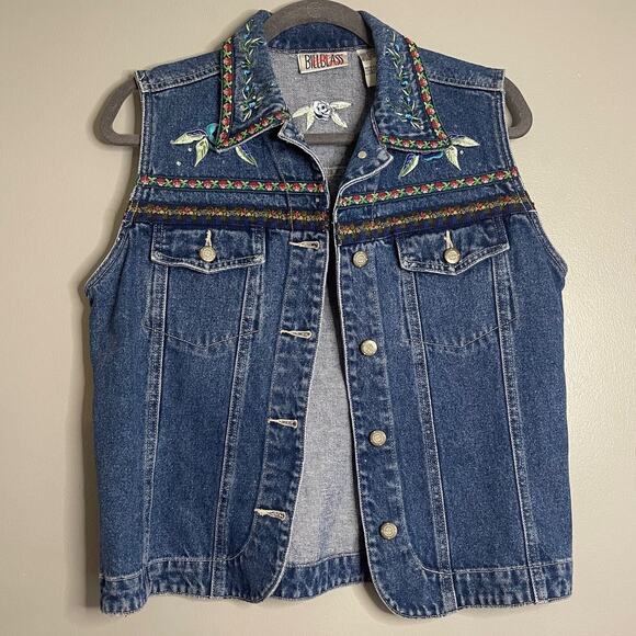 Bill Bass Medium Vest Vintage 90s Denim Embroidered Floral Rhinestone Y2K Rose - Picture 2 of 9